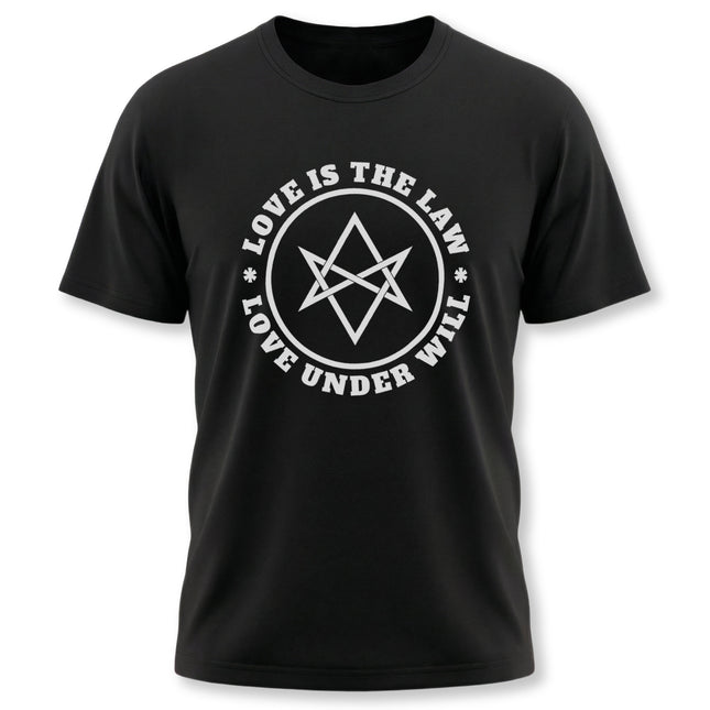 Black t-shirt featuring the Love Is The Law hexagram symbol, occult and Thelema design.