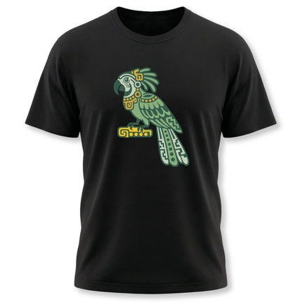 Mayan Parrot T-Shirt | Green and Gold Patterned Perched Bird Tee