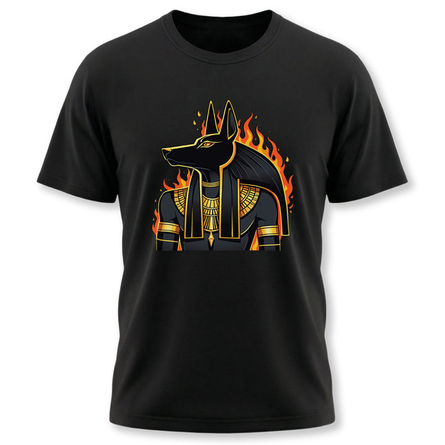 Anubis Egyptian god graphic on a black t-shirt, surrounded by fiery flames and mythology details.