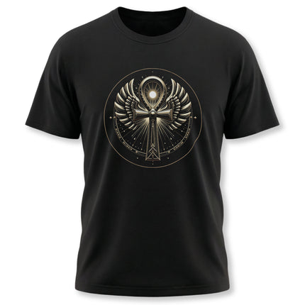 Black t-shirt with a gold Ankh and wings graphic, featuring ancient Egyptian symbolism.