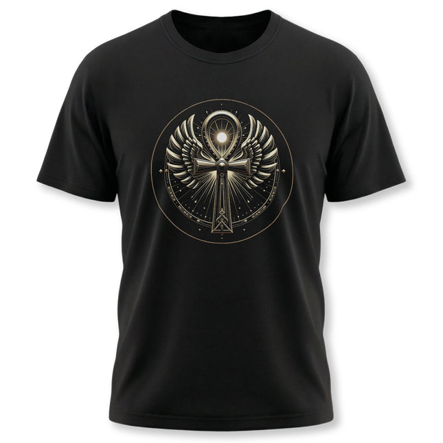 Black t-shirt with a gold Ankh and wings graphic, featuring ancient Egyptian symbolism.