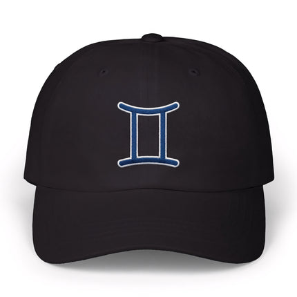Gemini Zodiac Symbol Hat | Blue Embroidered Astrology Sign Baseball Cap