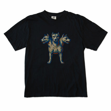 Mosaic graphic tee featuring Cerberus, the mythological three-headed dog of Greek mythology.