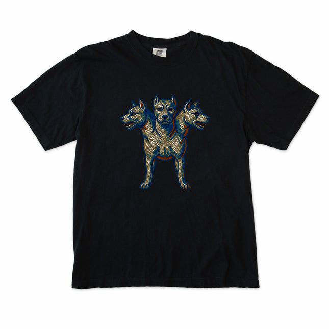 Mosaic graphic tee featuring Cerberus, the mythological three-headed dog of Greek mythology.