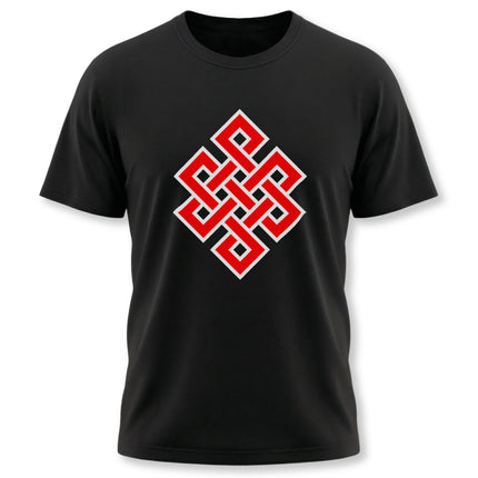 Endless Knot Buddhist symbol graphic on a black unisex t-shirt.