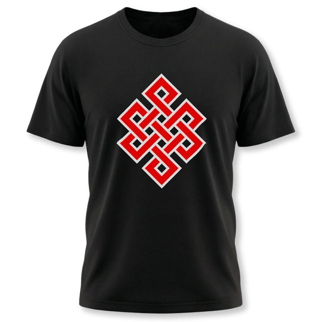 Endless Knot Buddhist symbol graphic on a black unisex t-shirt.