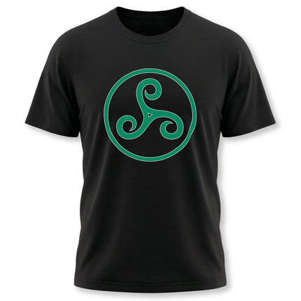 Green Celtic Triskelion triple spiral symbol on black t-shirt.