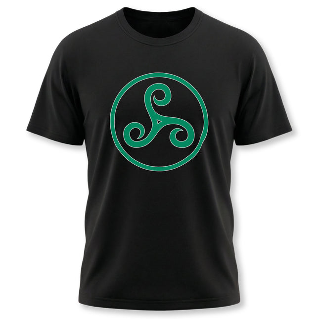 Green Celtic Triskelion triple spiral symbol on black t-shirt.