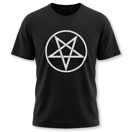 Black t-shirt featuring a white inverted pentagram symbol in a circle, occult magic graphic tee.