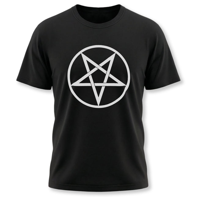 Black t-shirt featuring a white inverted pentagram symbol in a circle, occult magic graphic tee.