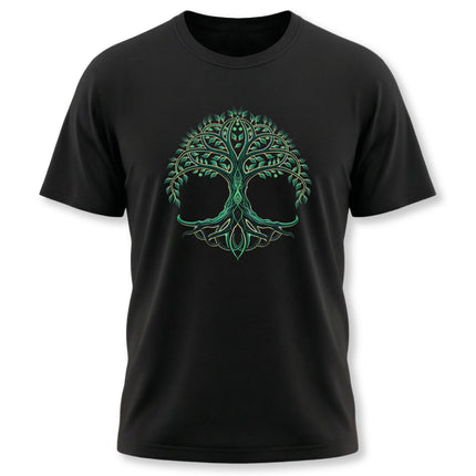 Celtic Tree of Life graphic tee with skulls, featuring the World Tree design on a black shirt.