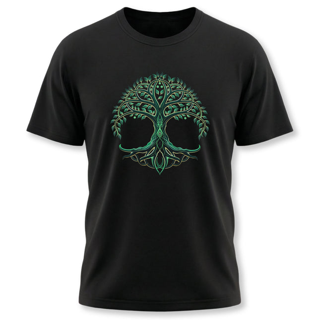 Celtic Tree of Life graphic tee with skulls, featuring the World Tree design on a black shirt.
