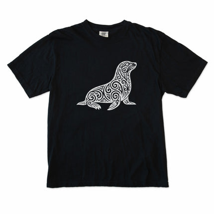Ornate tribal seal graphic t-shirt featuring swirling marine animal artwork on a comfortable tee.