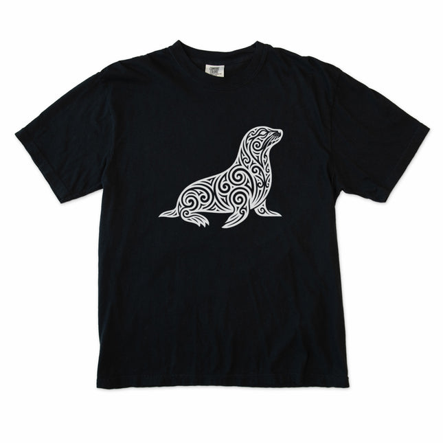 Ornate tribal seal graphic t-shirt featuring swirling marine animal artwork on a comfortable tee.