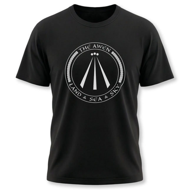 Celtic Awen symbol t-shirt with Land, Sea, and Sky text graphic design.