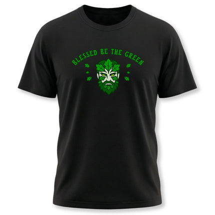 Black t-shirt featuring a Green Man graphic and "Blessed Be The Green" text for nature lovers.