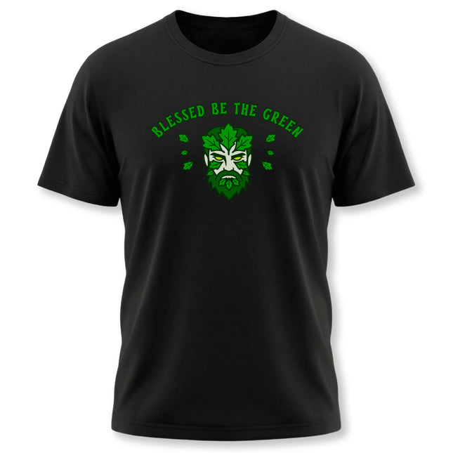 Black t-shirt featuring a Green Man graphic and "Blessed Be The Green" text for nature lovers.