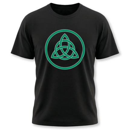 Black t-shirt featuring a green Celtic triquetra knot design.