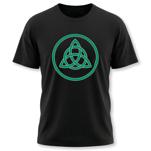 Black t-shirt featuring a green Celtic triquetra knot design.