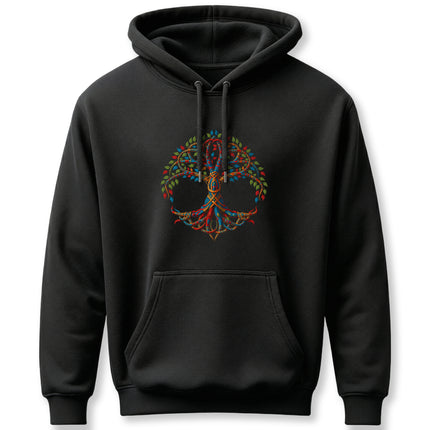 Vibrant Celtic Tree of Life (Yggdrasil) graphic on a black unisex hoodie.