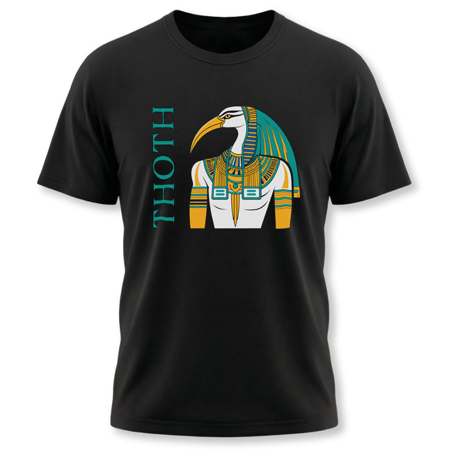Thoth Egyptian god graphic tee featuring the ibis deity in teal and gold on a black shirt.