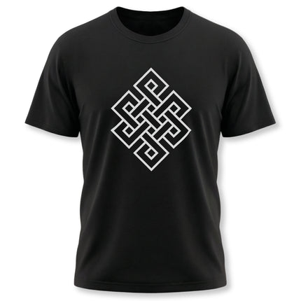 Black t-shirt featuring a white Endless Knot Buddhist symbol graphic print. Represents interconnectedness.