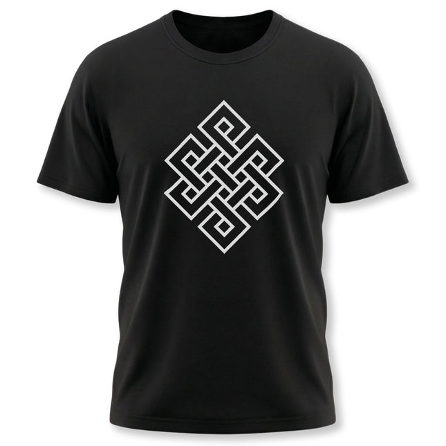 Black t-shirt featuring a white Endless Knot Buddhist symbol graphic print. Represents interconnectedness.