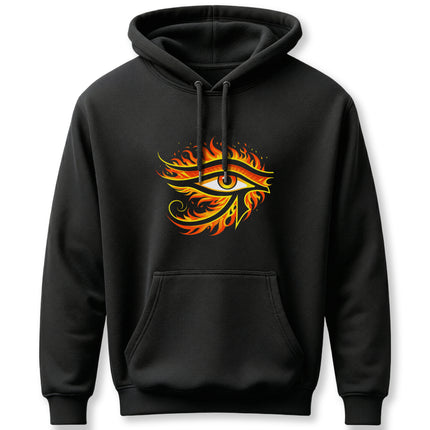 Fiery Eye of Ra symbol graphic on a black hoodie, representing Egyptian sun god Ra.