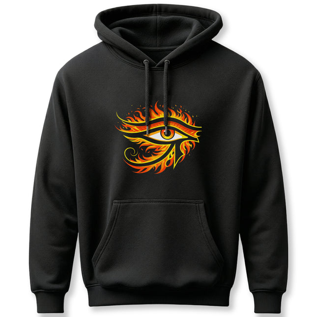 Fiery Eye of Ra symbol graphic on a black hoodie, representing Egyptian sun god Ra.