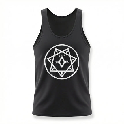 Black tank top featuring the white Star of Babalon occult heptagram symbol.