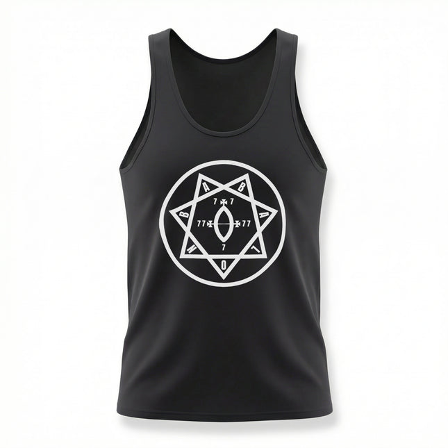 Black tank top featuring the white Star of Babalon occult heptagram symbol.