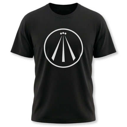 Black t-shirt featuring the white Awen Celtic symbol, representing divine inspiration.