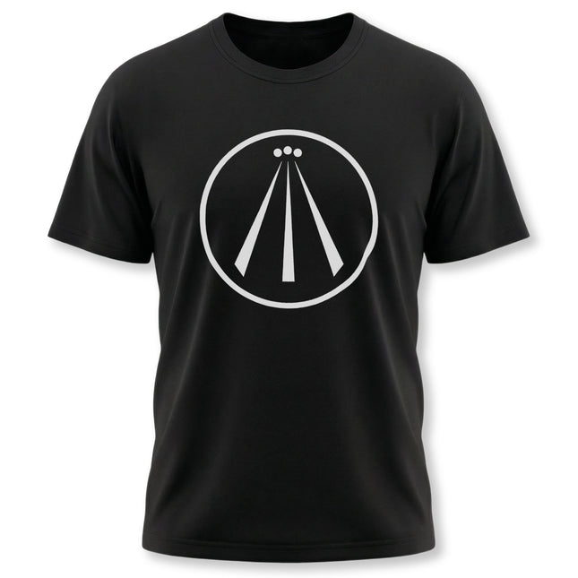 Black t-shirt featuring the white Awen Celtic symbol, representing divine inspiration.