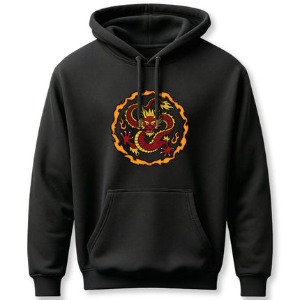 Fiery Chinese dragon graphic on a black pullover hoodie, symbolizing power and good fortune.