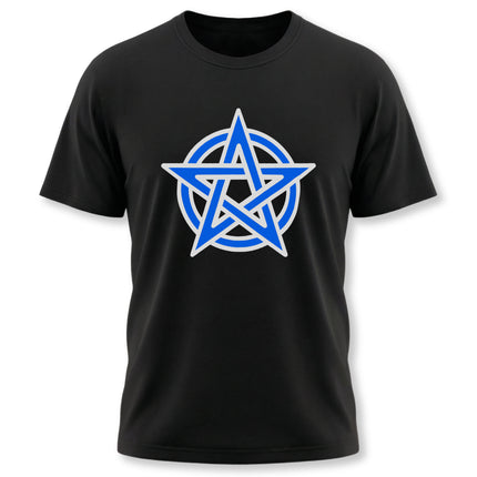Black t-shirt featuring a blue pentagram pentacle graphic design.