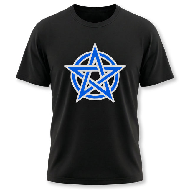 Black t-shirt featuring a blue pentagram pentacle graphic design.