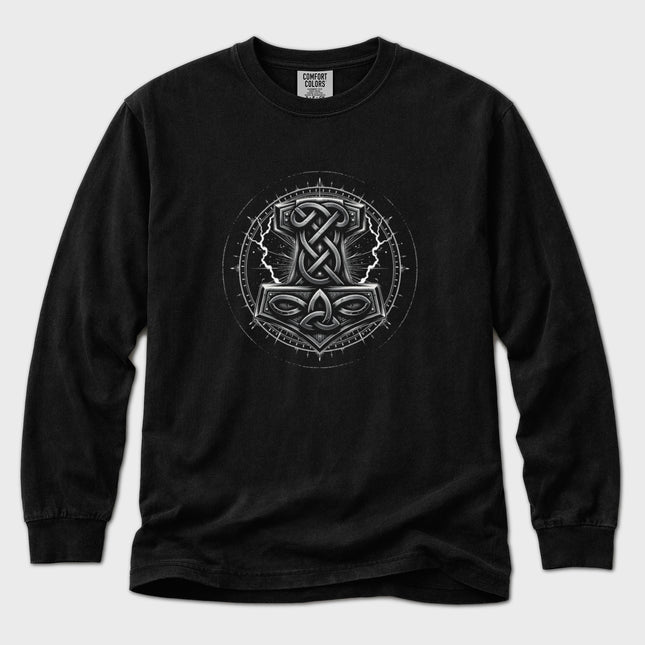 Mjolnir hammer and Norse knotwork graphic on a long sleeve Thor t-shirt.