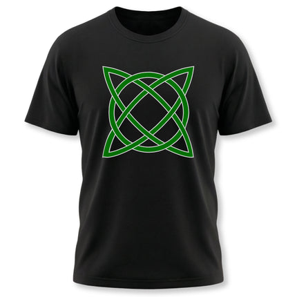 Green Celtic knot design on a black t-shirt. Features classic Irish knotwork art and symbolic geometry.