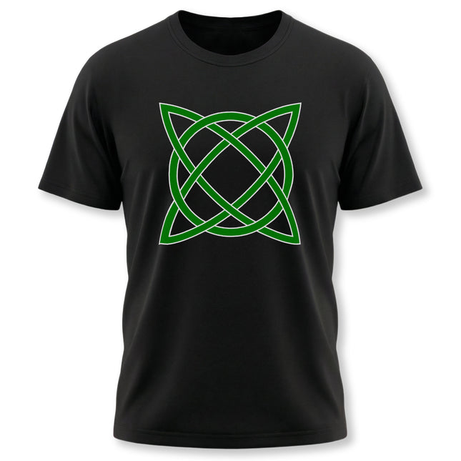 Green Celtic knot design on a black t-shirt. Features classic Irish knotwork art and symbolic geometry.