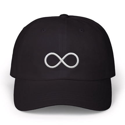 Black baseball cap featuring a white embroidered infinity symbol.