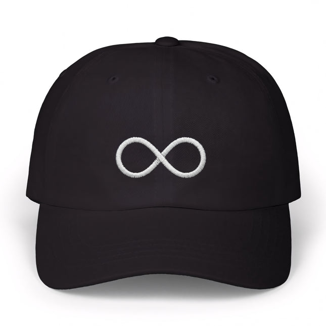 Black baseball cap featuring a white embroidered infinity symbol.