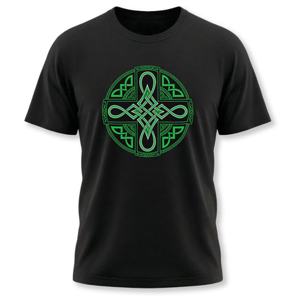 Green Celtic Cross knot graphic on a black t-shirt.