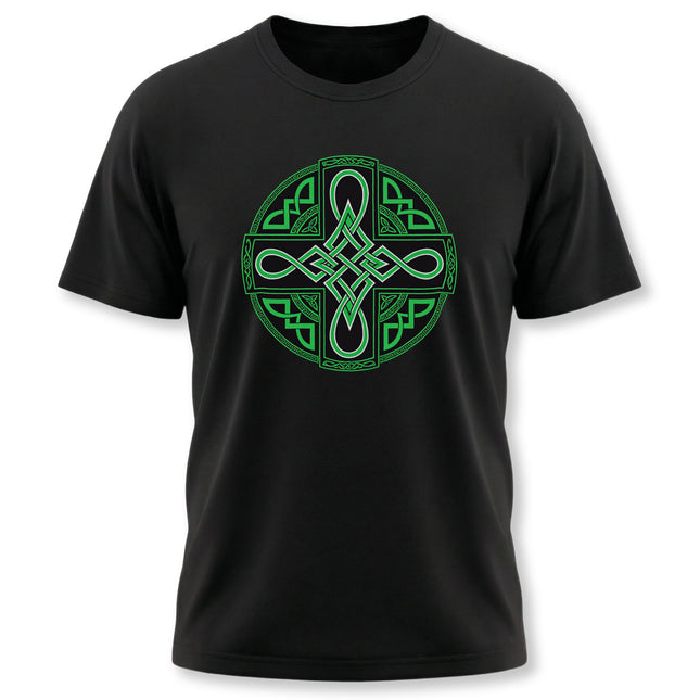 Green Celtic Cross knot graphic on a black t-shirt.