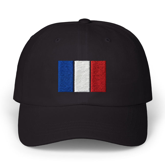 Black baseball cap featuring the embroidered French tricolor flag.