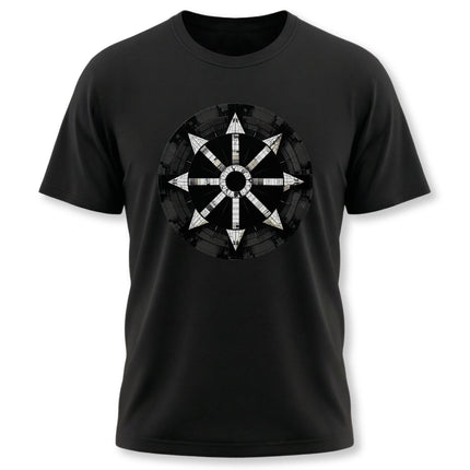 Black t-shirt featuring a circular chaos magic symbol graphic.