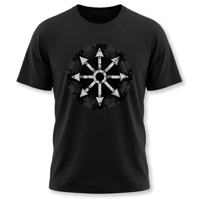 Black t-shirt featuring a circular chaos magic symbol graphic.