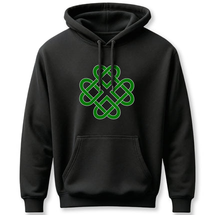 Green Celtic knot clover symbol graphic on a black pullover hoodie.
