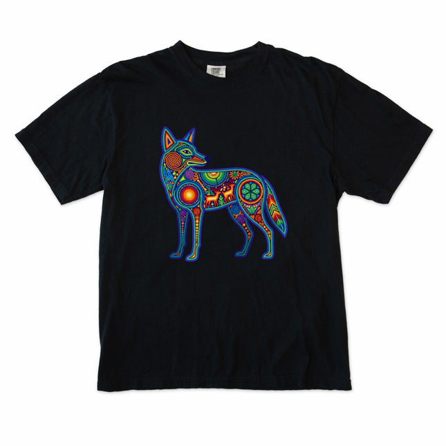 Huichol Coyote Art Tee - Colorful Indigenous Mexican Graphic T-Shirt