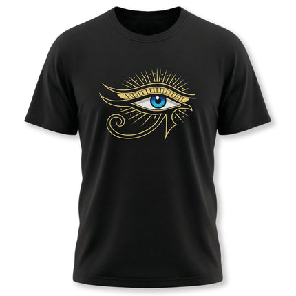 Ancient Egyptian Eye of Horus symbol graphic on a black t-shirt.