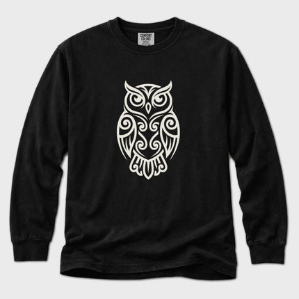 Geometric owl line art long sleeve t-shirt featuring a nocturnal bird design.